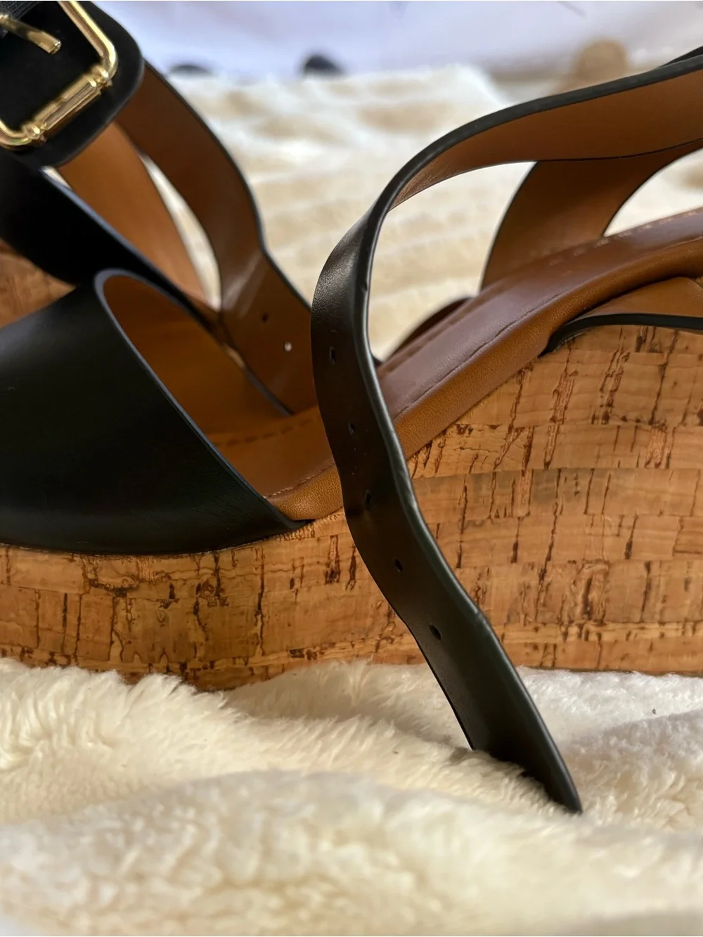 Tommy Hilfiger Black Leather Wedge Sandals with Tan Footbed